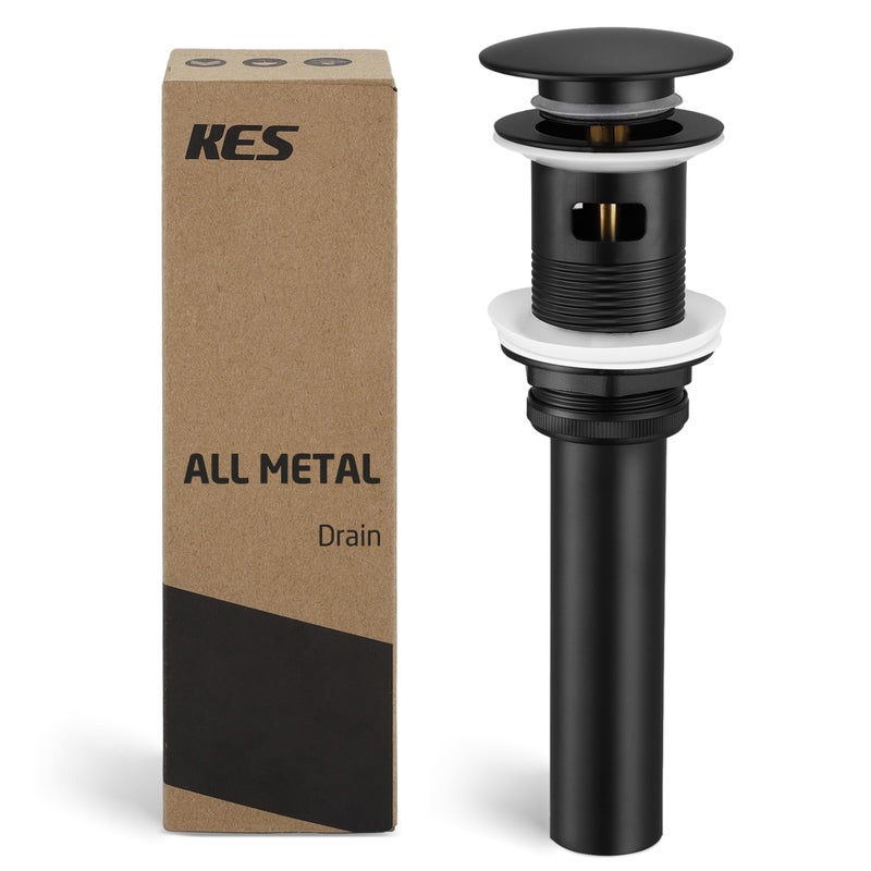 KES Bathroom Sink Drain with Overflow Vessel Sink Stopper Pop Up Drain Assembly Matt Black for 1.6"-1.9" Sink Hole, All Metal Rustproof Brass and 304 Stainless Steel, S2008A-BK - Image 1